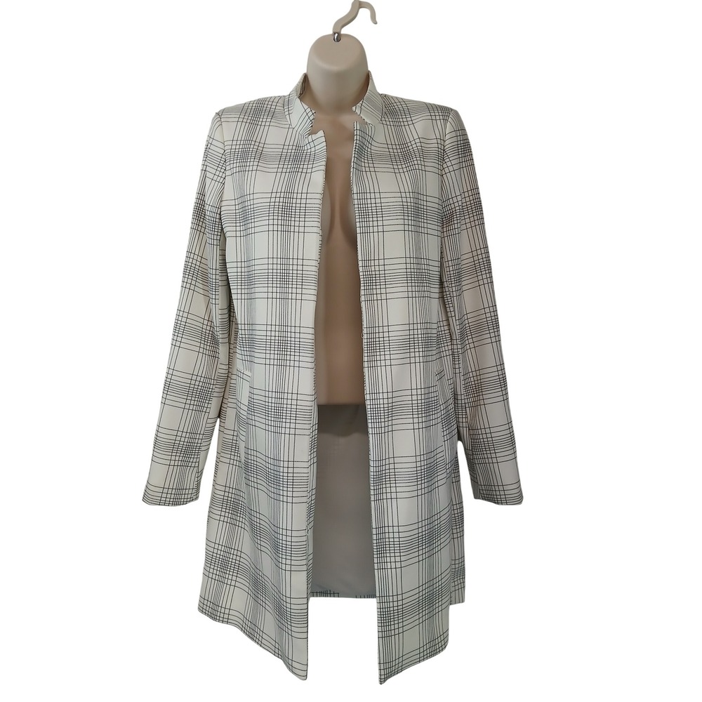 Carolina Belle Montreal Womens XS White Black Grid Plaid Open Longline Blazer